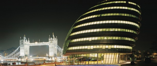 The London Authority building on the South side of the River Thames in London, England, with Tower Bridge in the background.